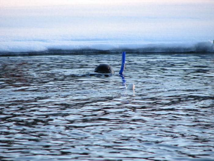 Free-diver in a freezy Finnish lake.