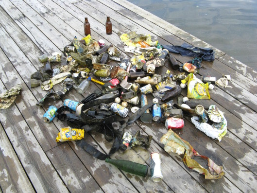 A big pile of garbage found underwater, lying on a dock.